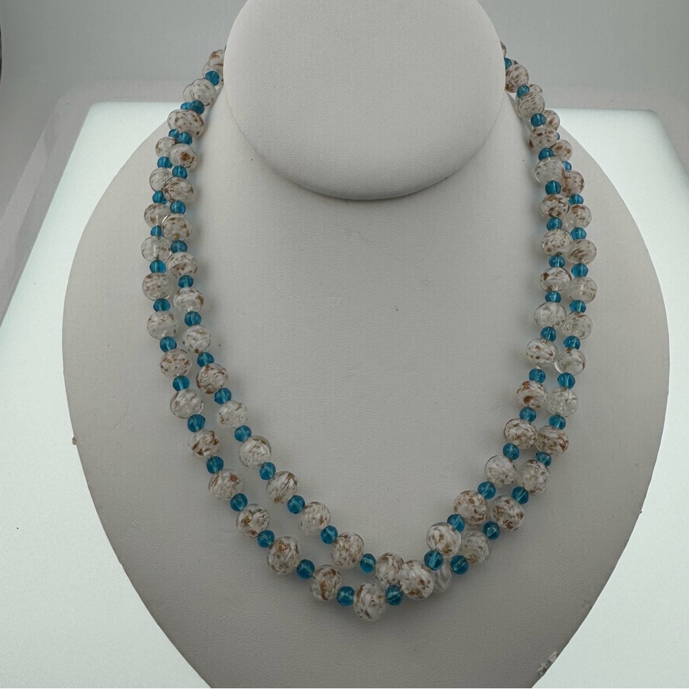 Vintage Elegant Blue and White Frosted Glass Beaded Necklace Absolutely Stunning